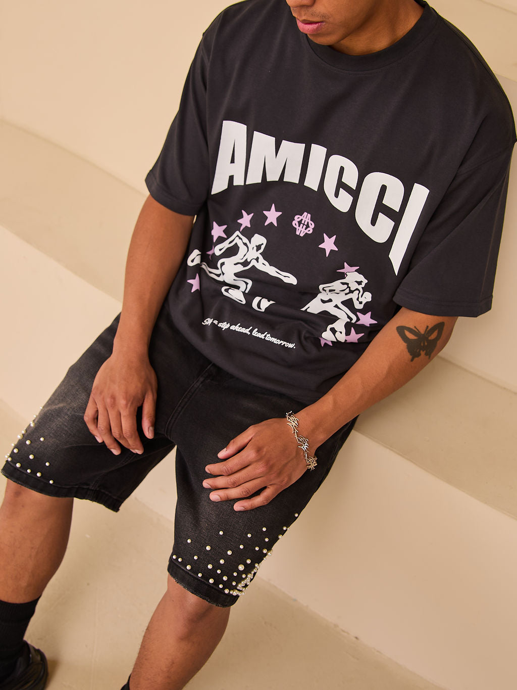 Akoya Perlen Denim-Shorts Schwarz