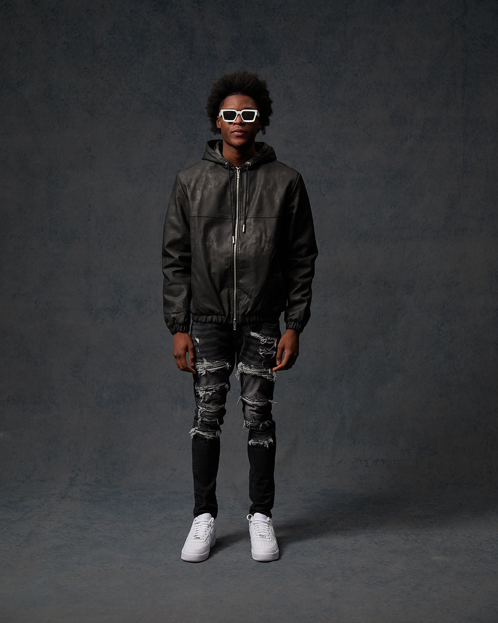 Rafel Leren Rits Hoodie Zwart