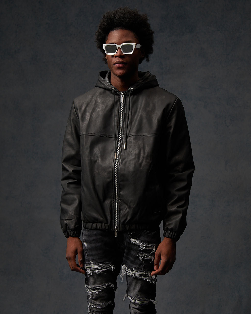 Rafel Leder Zip Hoodie Schwarz