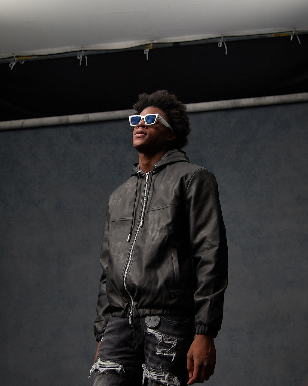 Rafel Leren Rits Hoodie Zwart