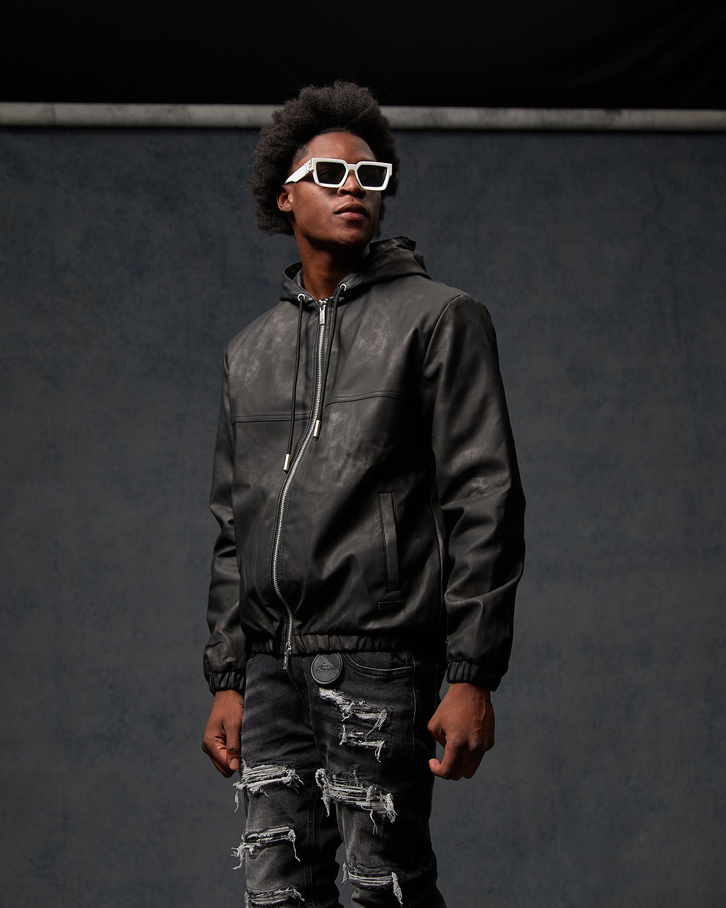 Rafel Leren Rits Hoodie Zwart