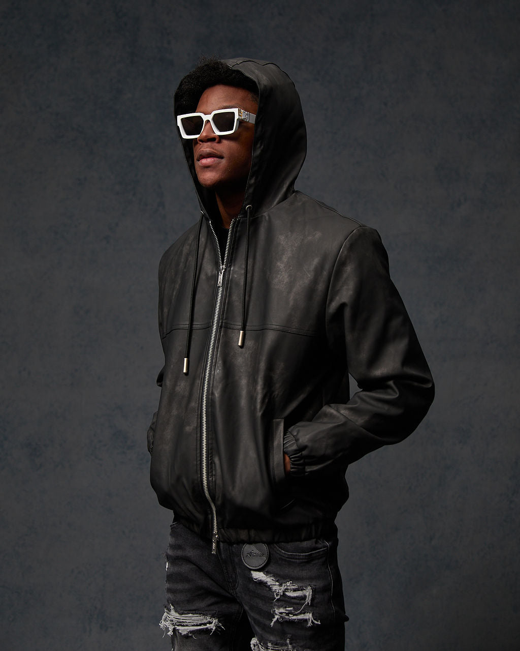 Rafel Leren Rits Hoodie Zwart