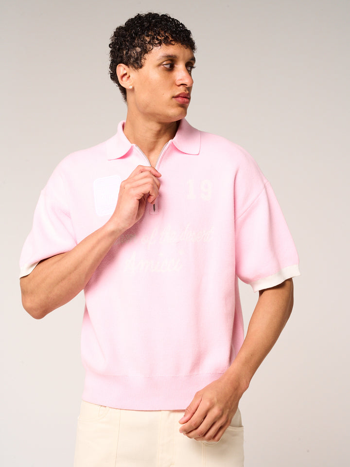 Reno Knitted Zip Polo Pink